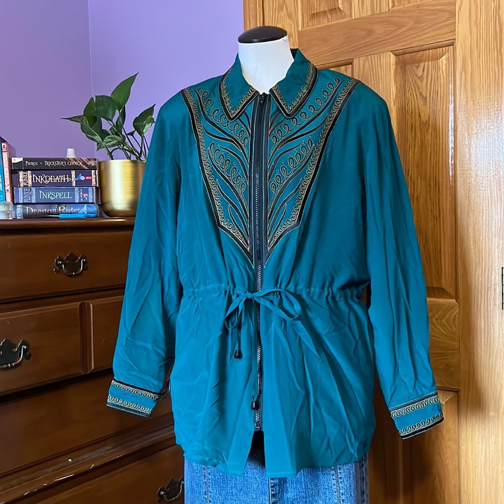 BOB MACKIE 🌟 Wearable Art 100% Silk Vintage wind breaker, emerald green, teal
